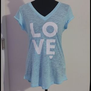 Light Blue V Neck "LOVE" Print Top